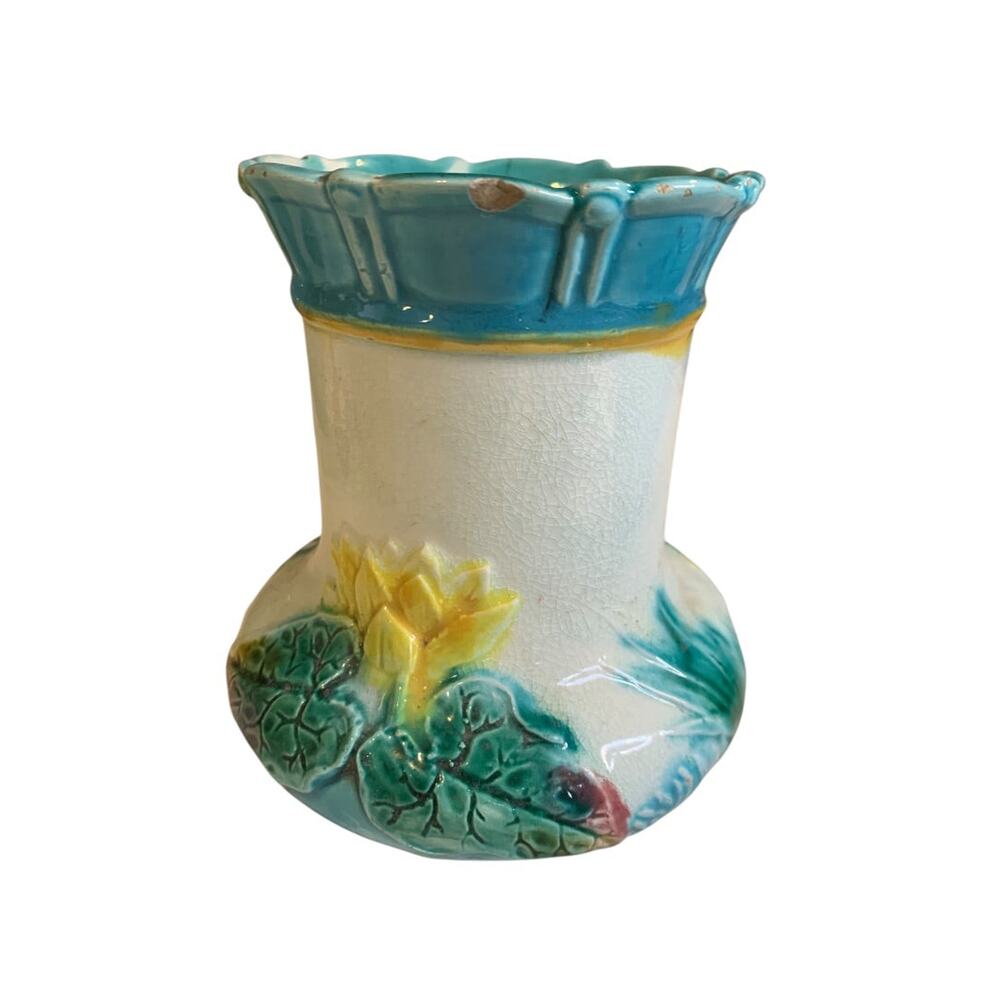 Antique Majolica Lily Pond Pitcher Pottery 5 Inch Vibrant Color